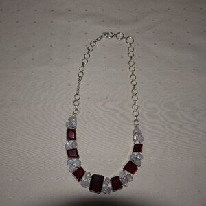 BEAUTIFUL 925 Sterling Silver Handmade RUBY & QUARTZ Gemstone Necklace